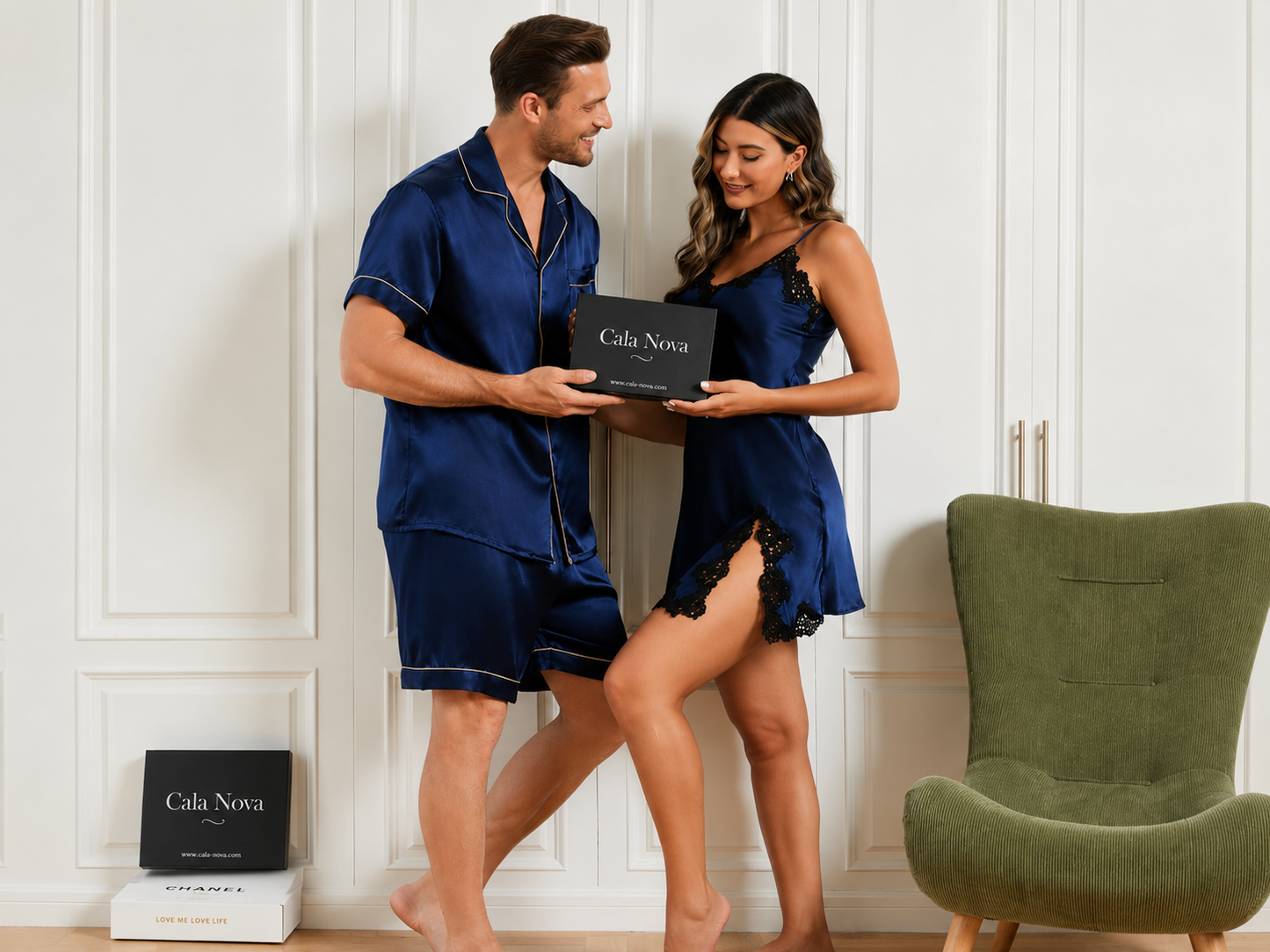 Conjunto de pijama corto y camisón de seda pura para parejas